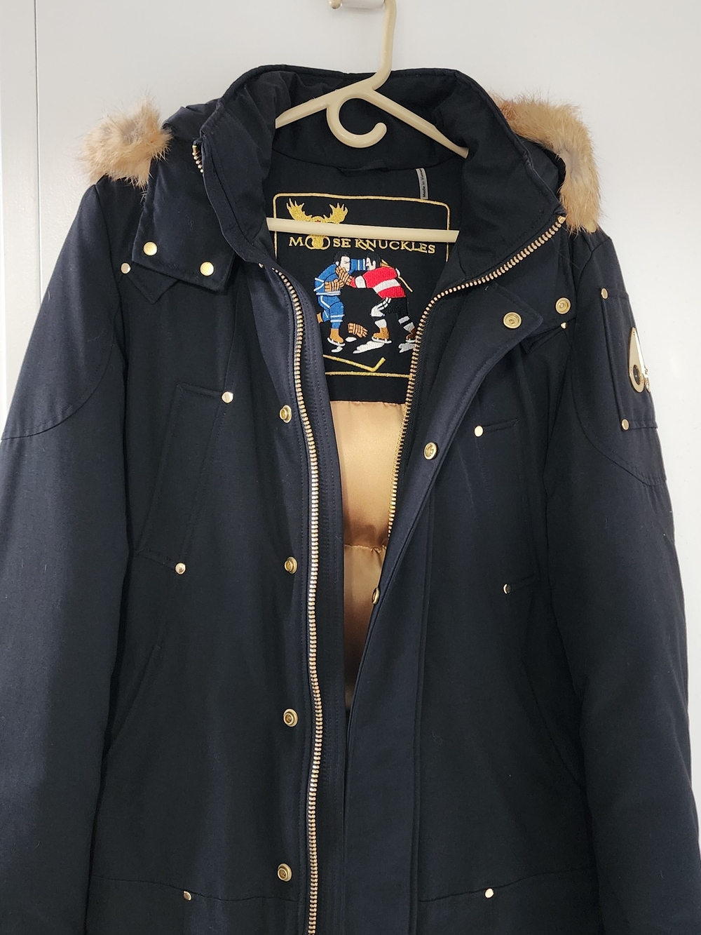 Moose Knuckles Black Puffer Parka with Fur-Trim Hood